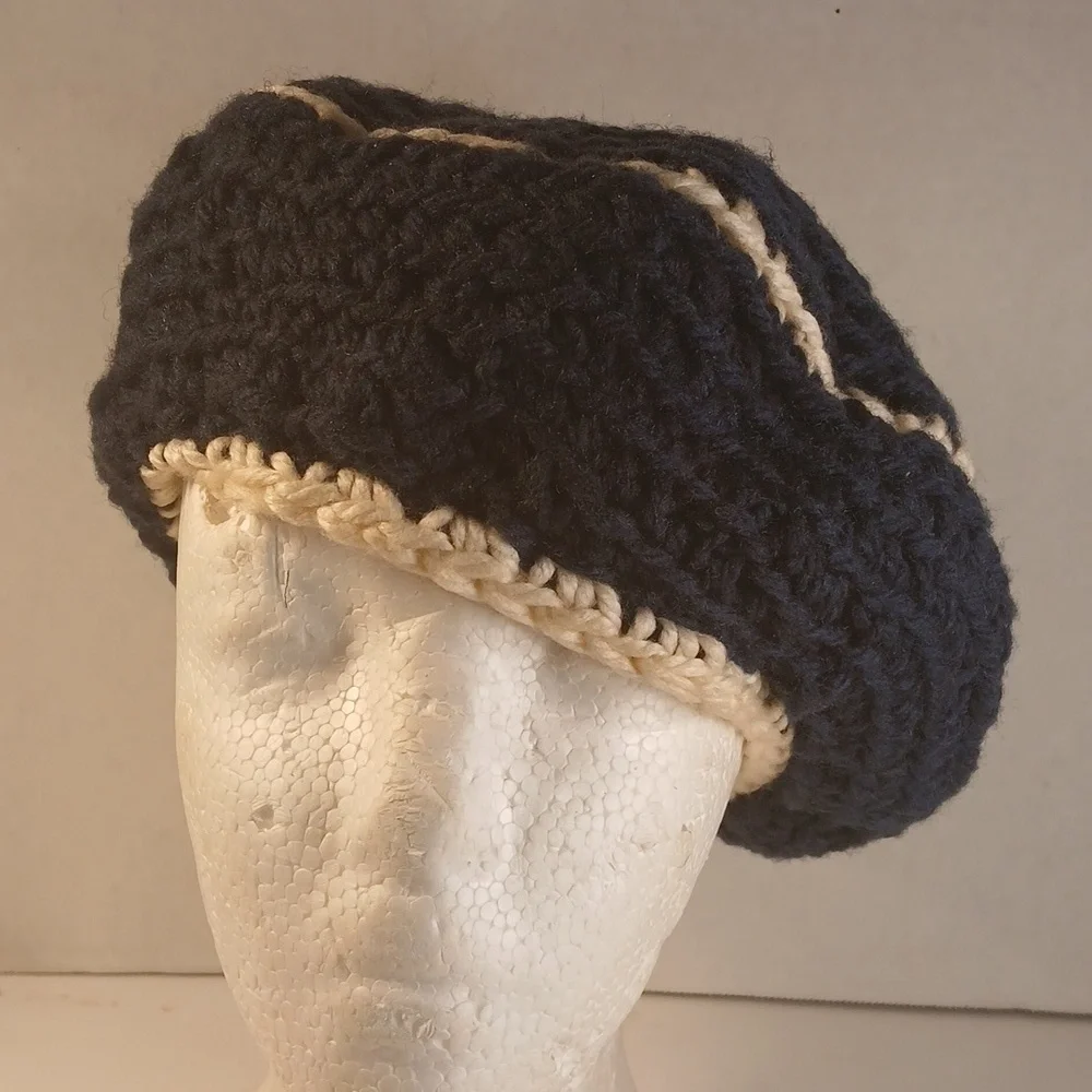 Blue and White Knit Beret with Matching Shoulder Bag